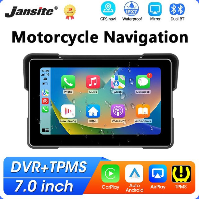 jansite Motorrad-GPS-Navigation mit 7 Zoll Touchscreen, kabelloses CarPlay und Android Auto, Dual-Bluetooth, TPMS und IPX7 wasserdicht, Farbe: Schwarz - Bild 1