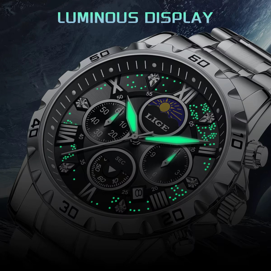 LIGE Armbanduhr Chronograph, Edelstahl, Quarz, Schwarz, Herren - Bild 3