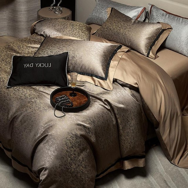Bin Chi Textiles Luxus Bettwäsche Set aus Ägyptischer Baumwolle mit Jacquard-Floral-Muster in Gold, 1000 TC Mako-Satin, für 1,8m Bett - Bild 1