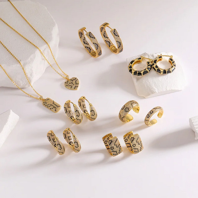 HECHENG Schmuckset, Creolen, Ringe, Halskette, Leopardenmuster, Zirkonia, Schwarz, Weiß, Damen - Bild 1