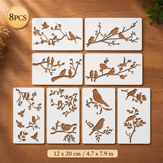 8 Stück Vogelzweig-Schablonen in Weiß, wiederverwendbare Natur-Malvorlagen für DIY-Wanddekoration aus Kunststoff, B/H: 12 x 20 cm - Bild 1