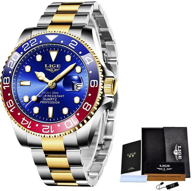LIGE Armbanduhr Edelstahl, Quarz, Gold/Blau, Herren - Bild 1