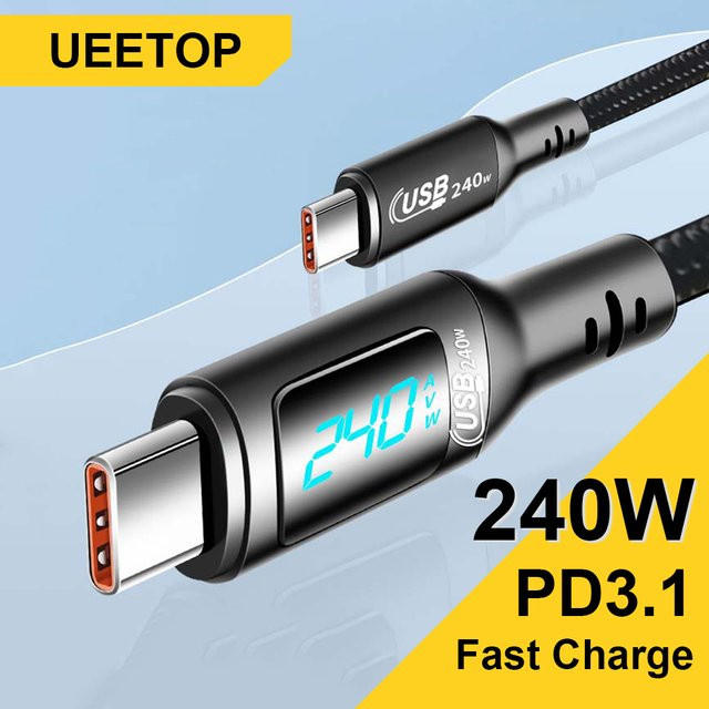 Ueetop USB-C auf USB-C Kabel mit LED-Anzeige, 240 W PD3.1 Schnellladekabel in Schwarz - Bild 1