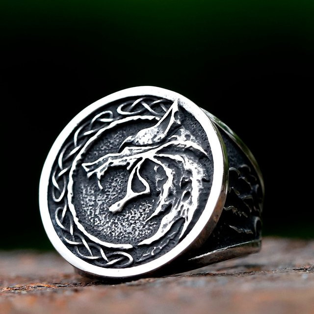 Ring Herren, 316L Edelstahl, Vintage Wikinger Wolfskopf, Silber - Bild 1