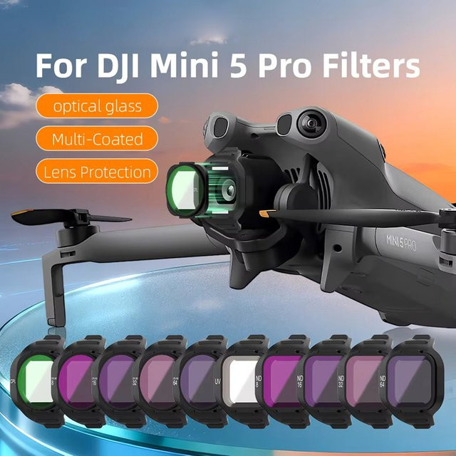 DJI Mini 5Pro Objektiv Filter Set mit UV, CPL, PL und ND8/16/32/64 Filtern aus optischem Glas in Schwarz und Transparent - Bild 1