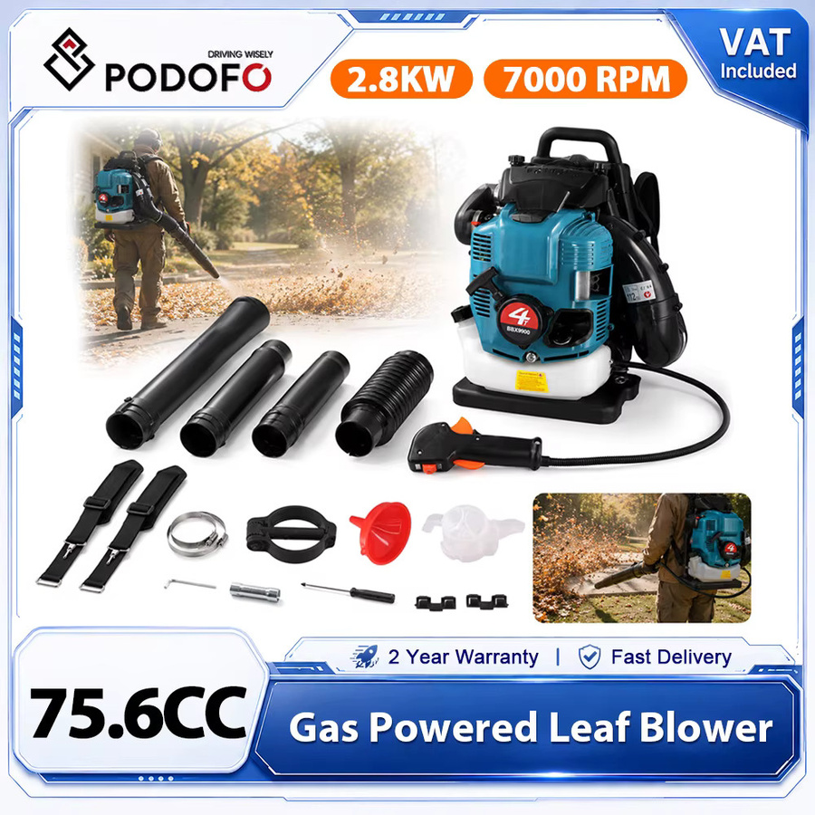 Podofo Benzin-Rucksack-Laubbläser 75,6 ccm 4-Takt mit 2,8kW und Anti-Vibrationsfunktion in Blau - Bild 1