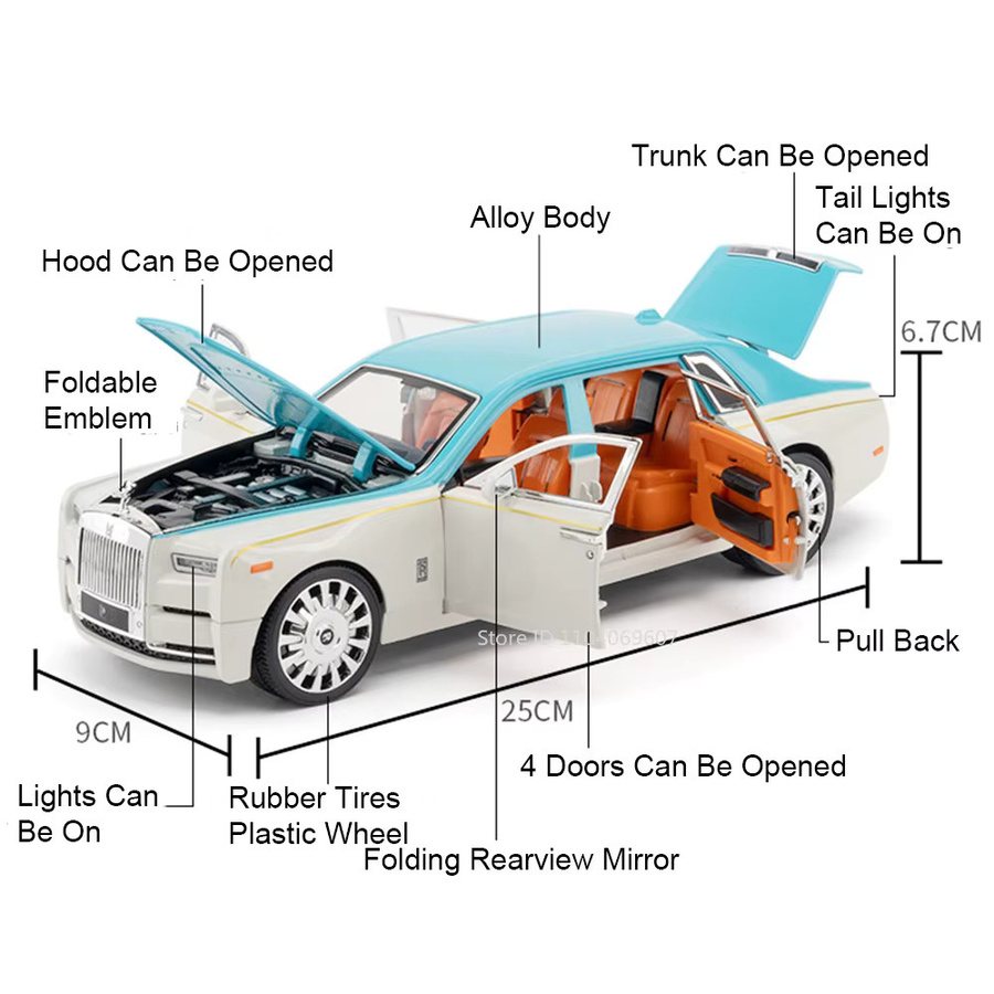 MAKEDA Rolls-Royce Phantom, Spielzeugautomodelle, Maßstab 1:20, Metall, Licht und Sound, 6 Türen geöffnet, zurückziehbar - Bild 2