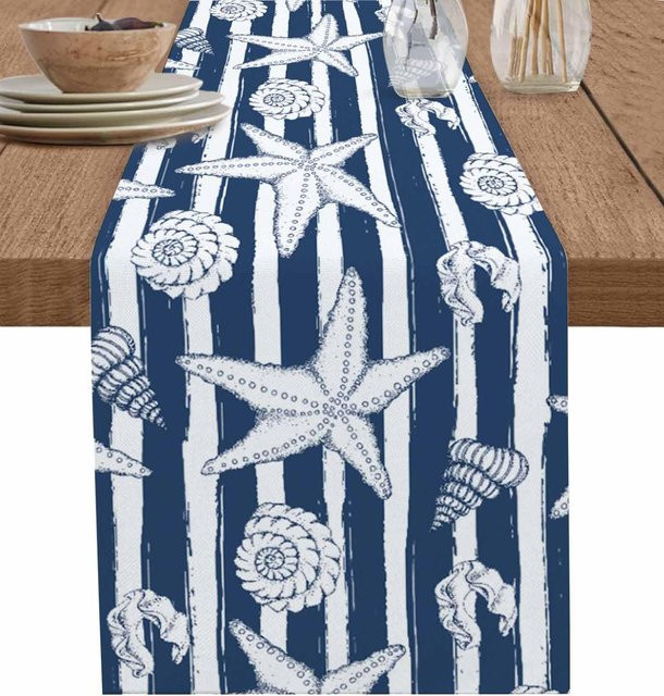 JINGYUE Pet Tischläufer aus Leinen in Maritim Meeresblau Gestreift, B/T: 150 x 33 cm - Bild 1