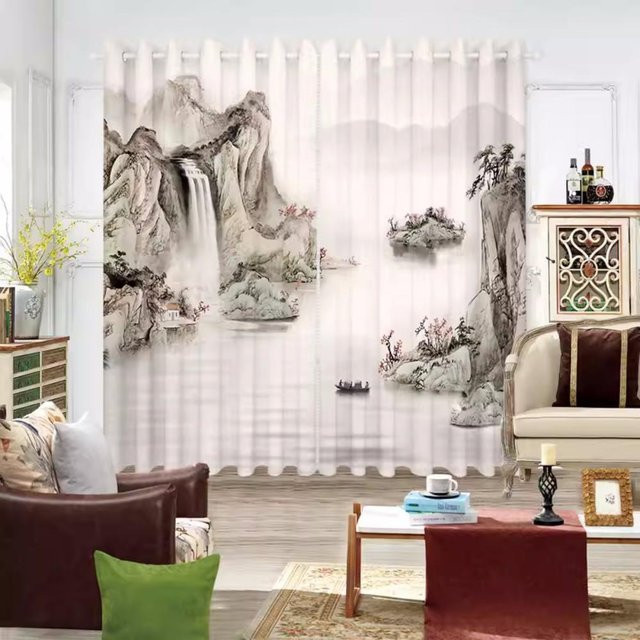 Yiran Furniture Retro Chinesische Vorhänge mit Pflaumenbaum Mond und Vogel Print, 2er-Set, Mehrfarbig, B: 100 cm, H: 130 cm - Bild 1