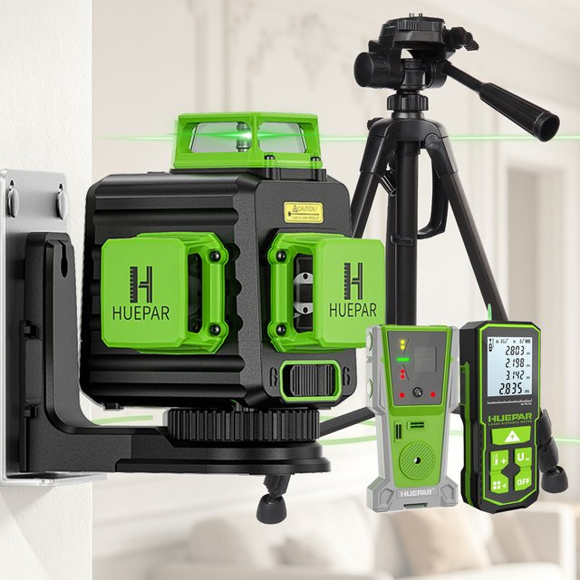 Huepar 12-Linien 3D-Laser-Nivelliergerät B03TP mit Stativ, grüner Strahl, selbstnivellierendes Kreuzlinienlaser-Set für Bau und Heimwerken - Bild 1