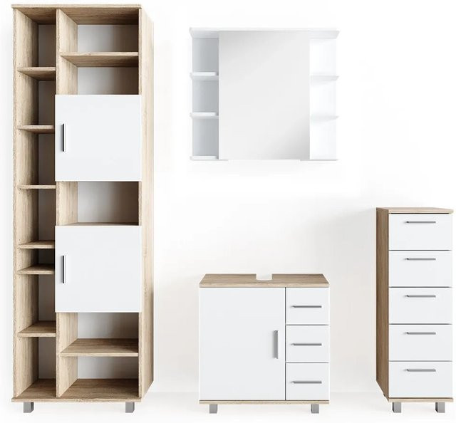 Vicco Badmöbel Set Ilias in Weiß und Eiche bestehend aus 4 Teilen mit Spiegel, Kommode, Unterschrank und Badschrank - Bild 2