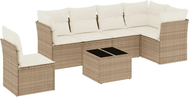vidaXL 7-teilige Garten-Sofagarnitur in Beige-Creme aus PE-Rattan mit Polsterkissen und Stauraum - Bild 1