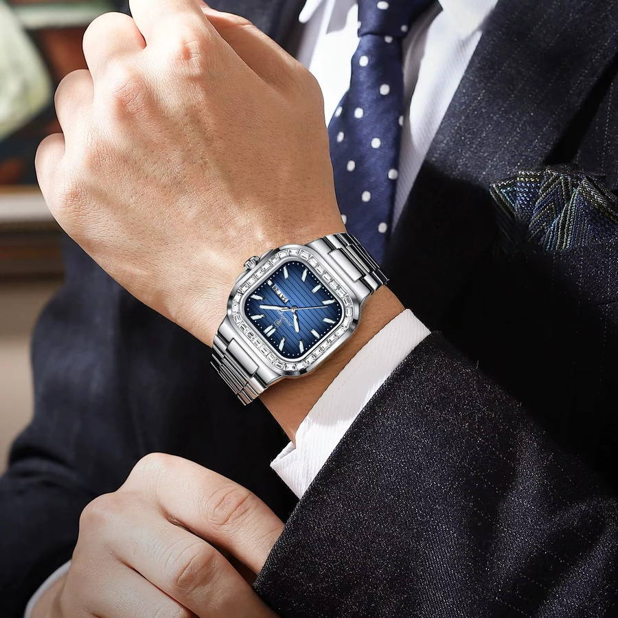 POEDAGAR Armbanduhr Edelstahl, Quarz, Eckig, Blau, Herren - Bild 6