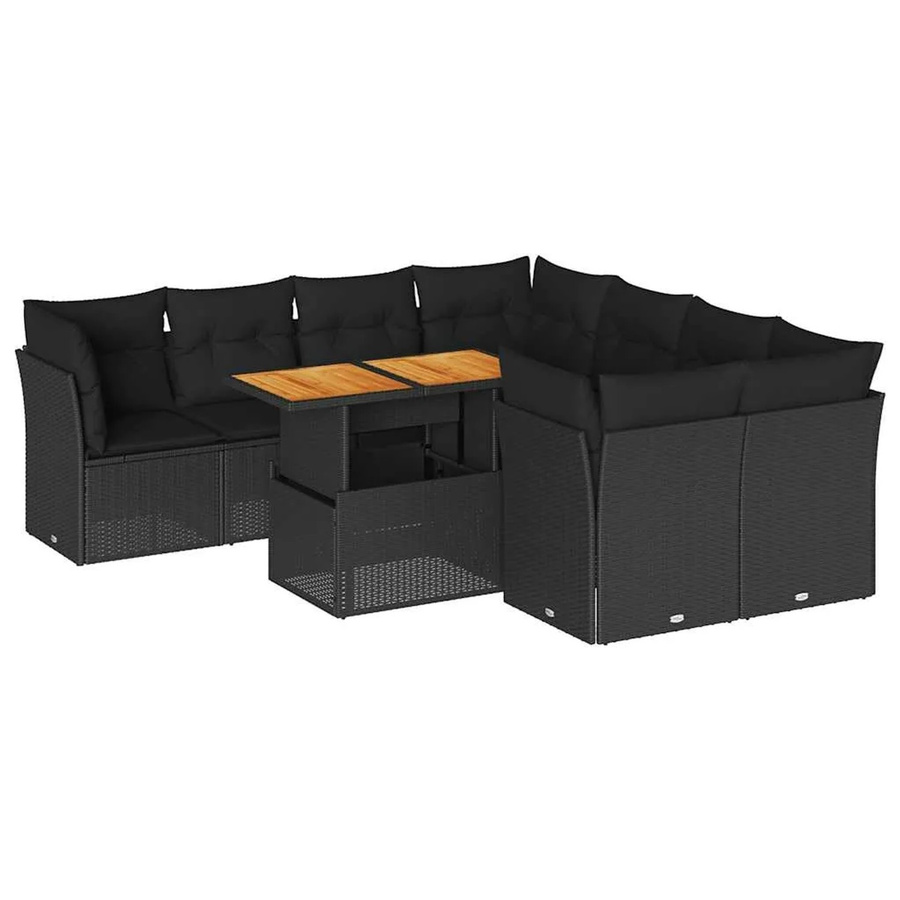 vidaXL 9-teilige Garten-Sofagarnitur aus Poly-Rattan und Akazienholz in Schwarz mit Kissen - Bild 2