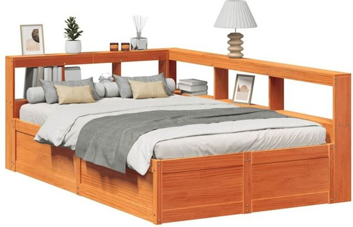Massivholzbett aus Kiefer mit Regal von Vidaxl in Braun, B/T/H: 140 x 190 x 80 cm - Bild 1