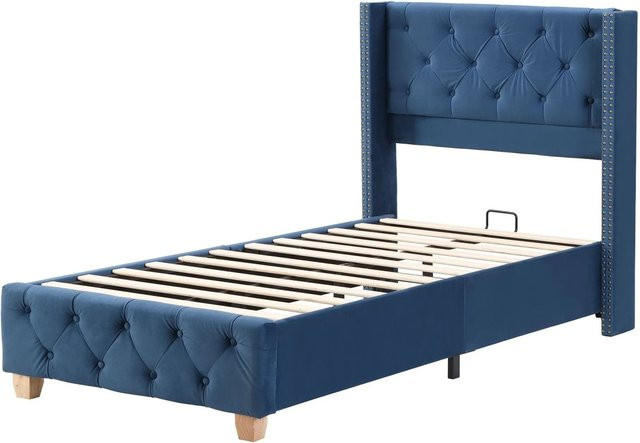 okwish Polsterbett aus Samt mit Knopfpolsterung in Blau, B/T/H: 90 x 200 x 120 cm - Bild 1