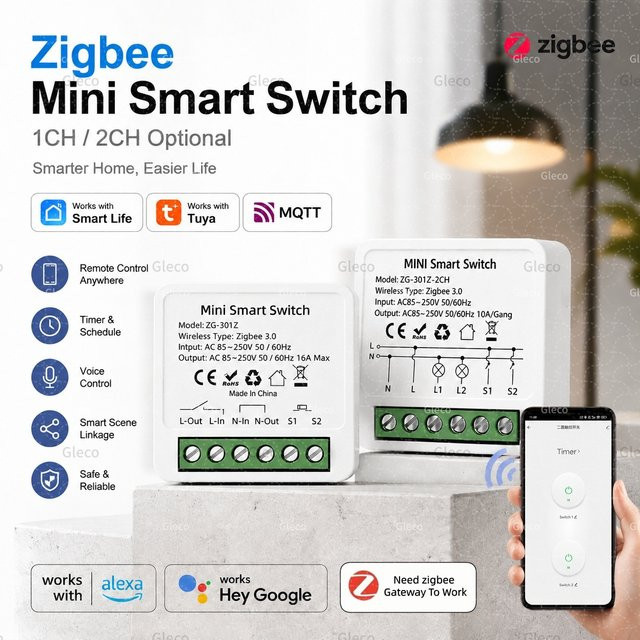 Tuya Zigbee Smart Switch DIY Relais-Schalter mit 2-Wege-Steuerung für Alexa und Google Home Assistant, Farbe: Weiß - Bild 1