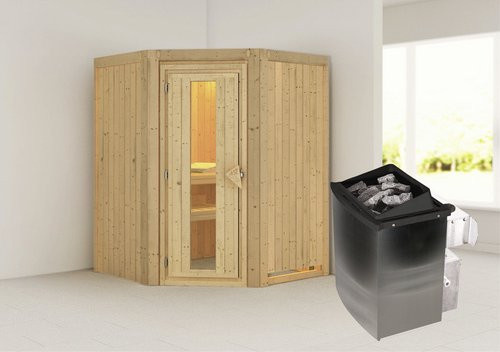 Karibu Sauna Tartu für 3 Personen mit 9 kW Saunaofen und integrierter Steuerung, beige/braun, B/T/H: 198 x 151 x 151 cm - Bild 1
