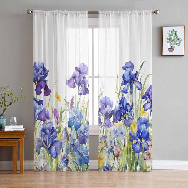 Transparente Vorhänge mit Iris-Blumen-Aquarell-Motiv von Household supplies MH, Tüll-Voile-Organza-Fenstervorhang mit floralem Design, Breite: 135 cm, Höhe: 160 cm - Bild 1