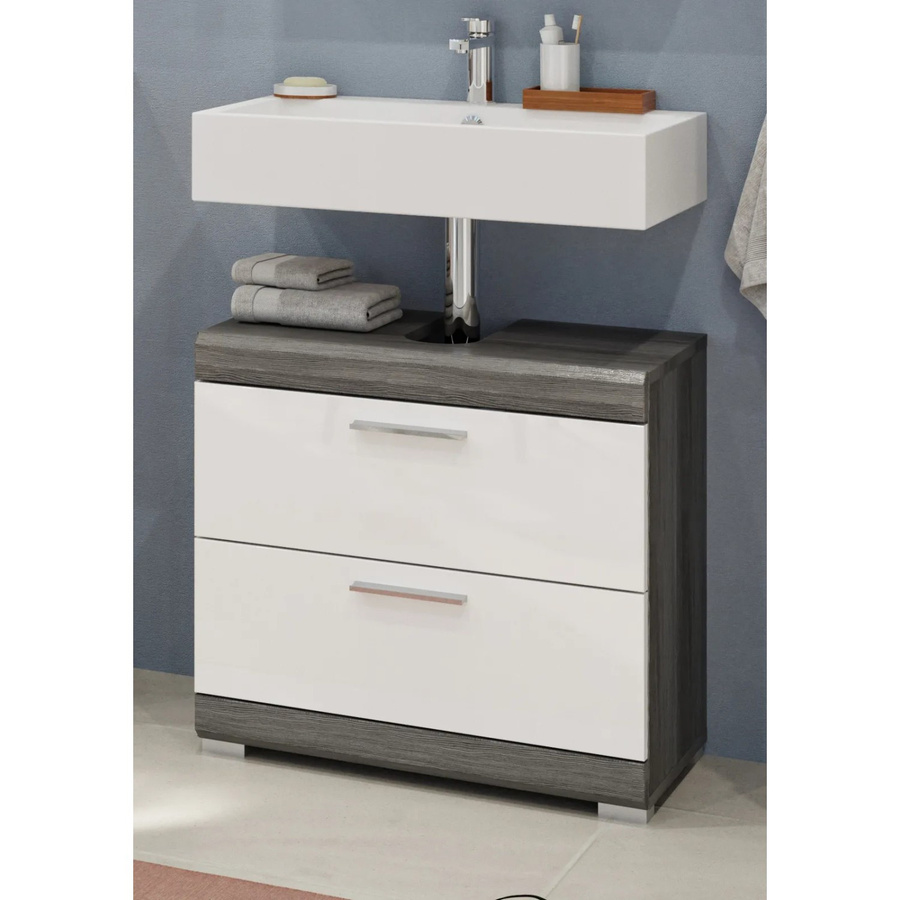Inn.Furn Waschbeckenunterschrank Shawn in Weiß und Grau Hochglanz mit Türen und Schubladen, Breite: 60 cm - Bild 2