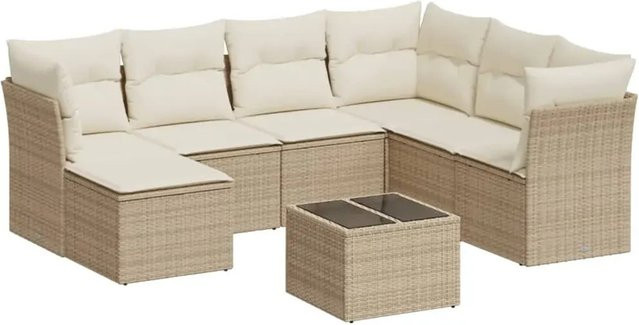 vidaXL 8-teilige Garten-Sofagarnitur in L-Form aus Poly-Rattan in Beige mit Kissen und pulverbeschichtetem Stahlgestell - Bild 1
