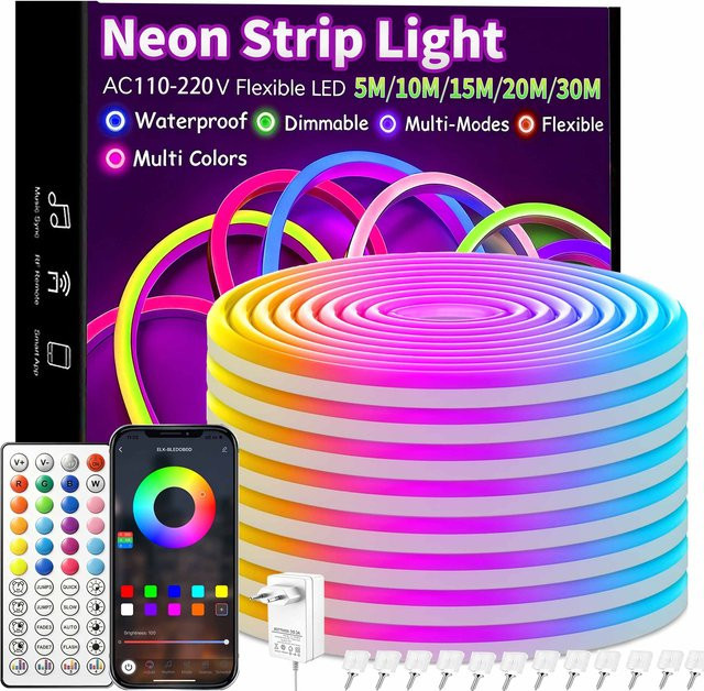 ZELT LED Neon-Flex RGB Lichtstreifen mit Bluetooth App-Steuerung und Musik-Synchronisation, wasserdichter flexibler Silikon Lichtstreifen in Multicolour, 24V - Bild 1