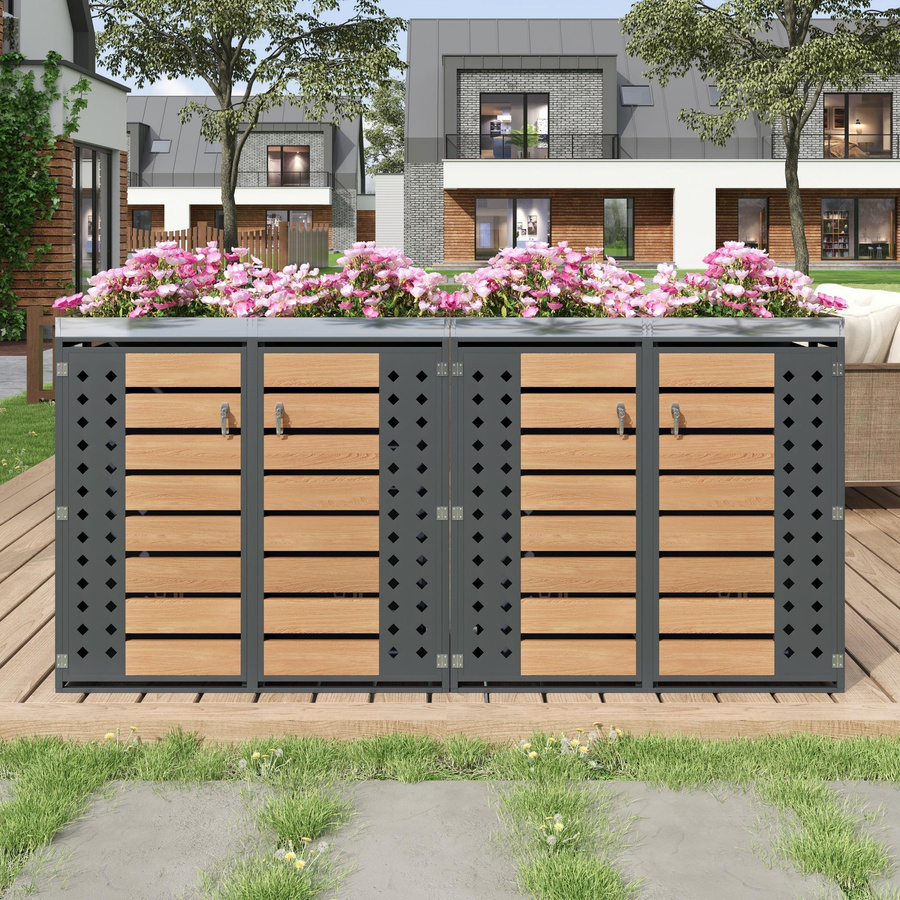 Mülltonnenbox 4-fach von GL Store mit integriertem Pflanzkasten, abschließbar, Grau und Natur, B/T/H: 264 x 80 x 124,5 cm - Bild 2