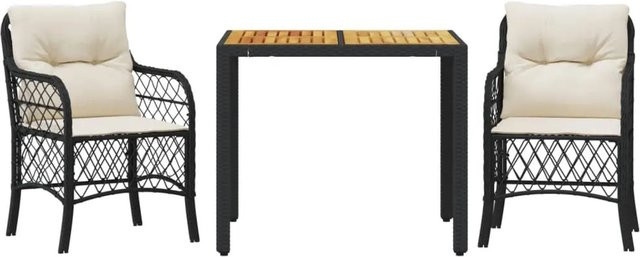 vidaXL 3-teiliges Bistro-Set aus PE-Rattan und Akazienholz in Schwarz-Creme mit Kissen für Garten, Hinterhof und Balkon - Bild 1