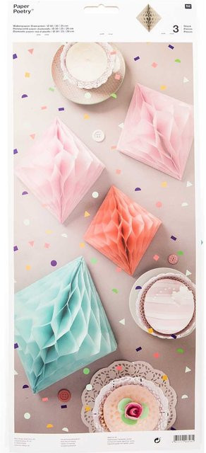 Rico Design Wabenpapier Diamanten in Pastellfarben Mint, Lachs und Rosa, 3 Stück - Bild 1