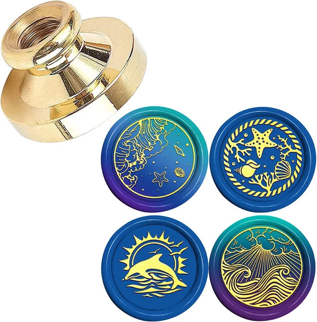 Wachssiegelstempel Strandmotiv Muscheln und Seesterne mit abnehmbarem Messingstempelkopf in Gold, Durchmesser: 25 mm - Bild 1