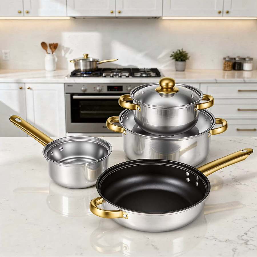 WUIETI 12-teiliges Edelstahl-Kochgeschirr-Set mit Antihaftbeschichtung in Silber und Gold, bestehend aus Bratpfanne, Suppentopf und Stielkasserolle, kompatibel mit Gas, Induktion und Elektroherden - Bild 1