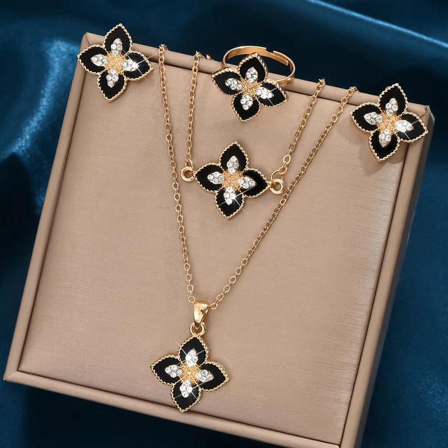 KATARIAN Schmuckset, schwarze Blumen, Ohrstecker, Halskette, Armband, Ring, Gold, Unisex - Bild 3