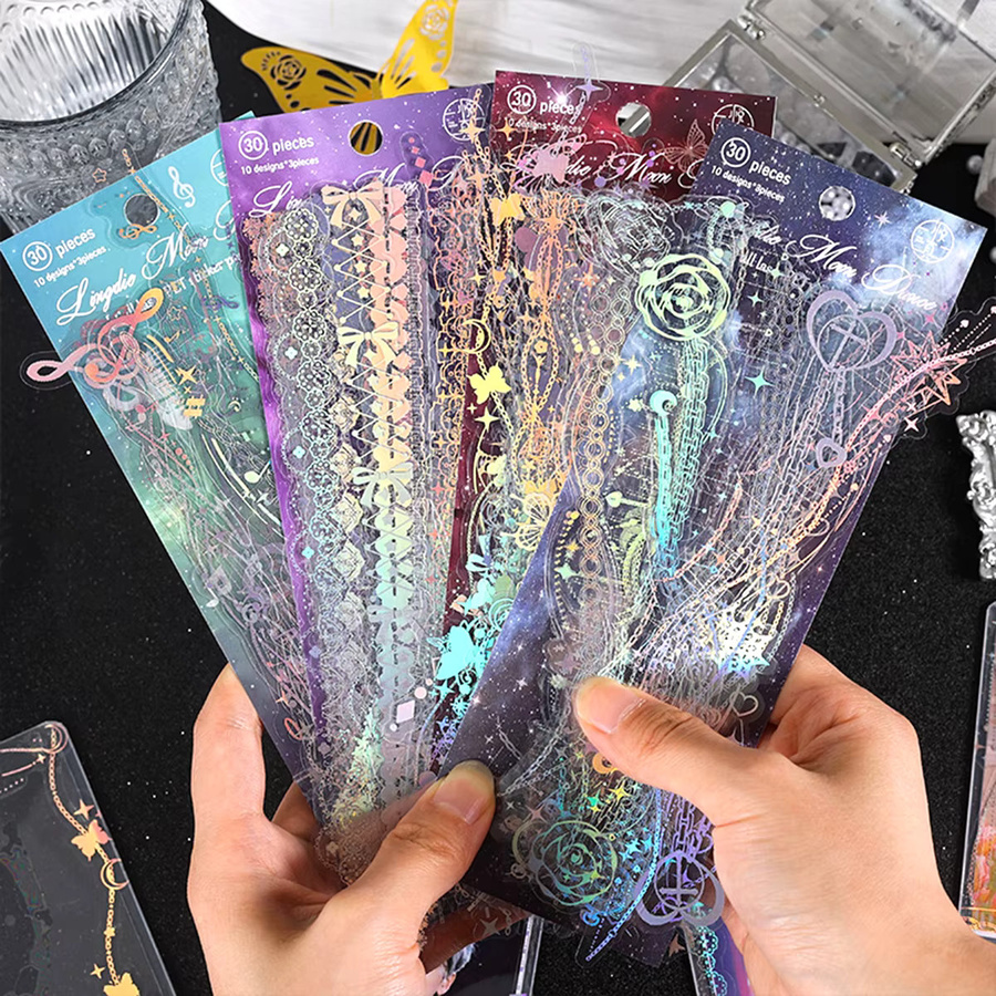 120 Stück Spitzenstickerei-Aufkleber in Multicolour mit holografischem Glitzer aus wasserfestem PET für dein DIY-Sammelalbum, Grußkarten und Fotorahmen-Dekorationen - Bild 2