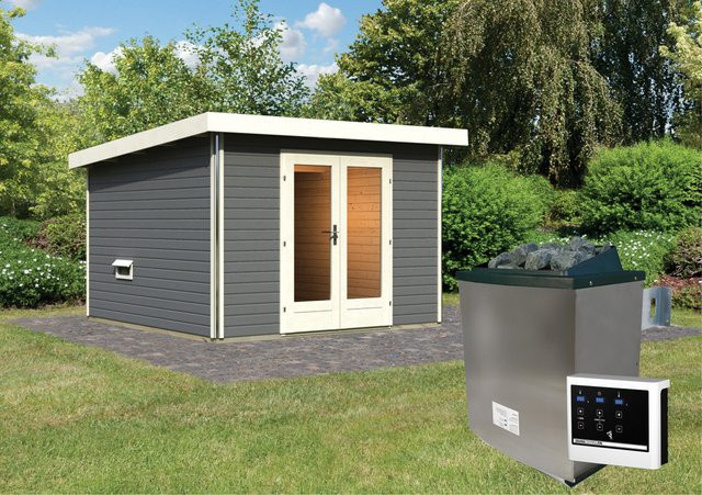 Saunahaus MAINBURG mit Vorraum und 9.0 kW Ofen inkl. Steuergerät Set B in Terragrau, 3 Liegen, B: 309 cm x T: 309 cm, Saunafläche B: 225 cm x T: 190 cm - Bild 1