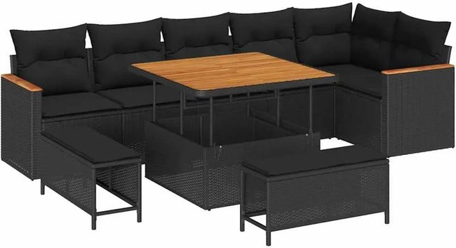 vidaXL Garten-Sofa-Set 9-tlg. aus Poly-Rattan in Schwarz mit Kissen und Tisch - Bild 1