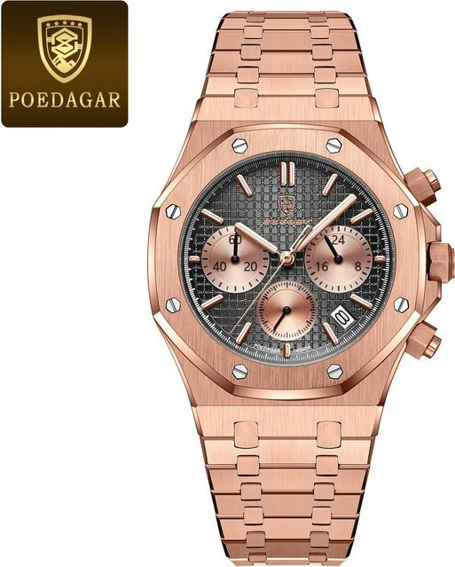 POEDAGAR Chronograph Armbanduhr Edelstahl, Quarz, Schwarz, Herren - Bild 1