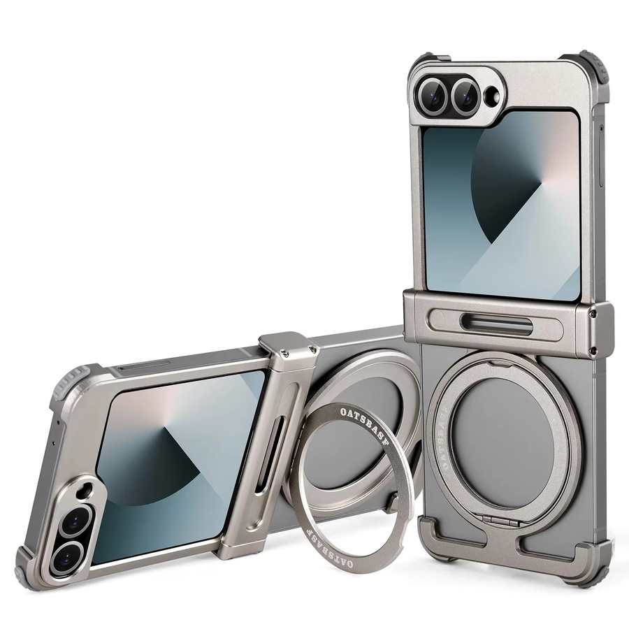 Oatsbasf Handyhülle für Samsung Galaxy Z Flip 6 in Titan Silver mit 360 Grad drehbarem Ständer, magnetisch und rahmenlos aus Metall - Bild 6