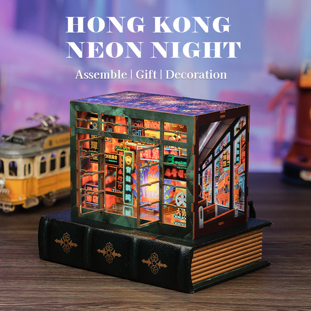 CUTEBEE DIY Mini-Buchstütze Hong Kong Neon-Nacht als leuchtende Schreibtischdekoration in Multicolor aus Holz - Bild 1