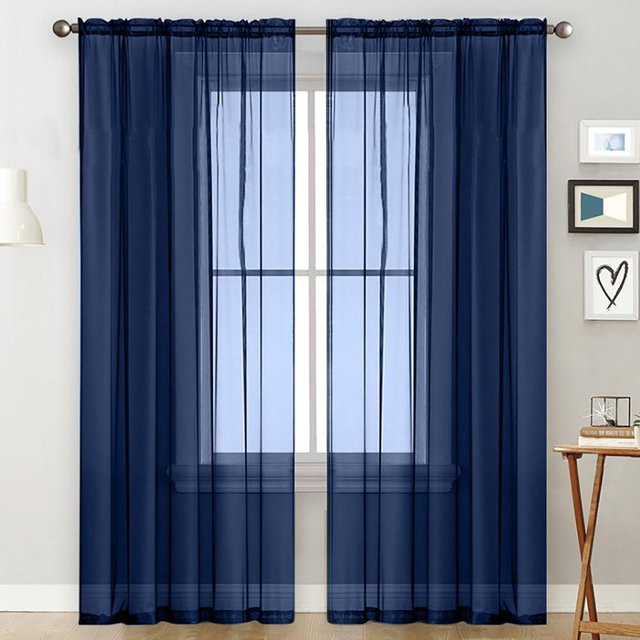 Koogeelife Transparente Voile-Vorhänge mit Stangentasche, halbdurchsichtig, Grün und Dunkelblau, Breite: 99,06 cm, Höhe: 129,54 cm - Bild 1