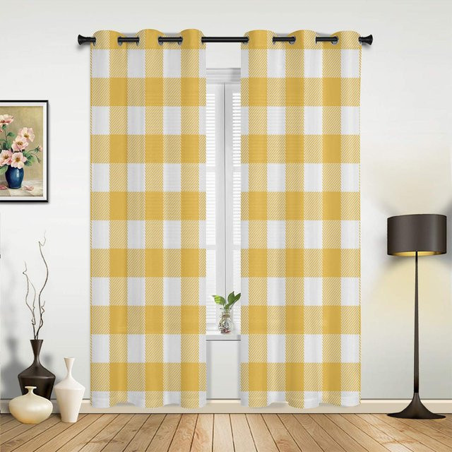 Yiran Furniture Vorhang mit Karomuster in Marineblau und Gelb, halbtransparentes Dekovorhänge aus Polyester für Wohnzimmer, Schlafzimmer oder Küche, Breite: 135 cm, Höhe: 60 cm - Bild 1