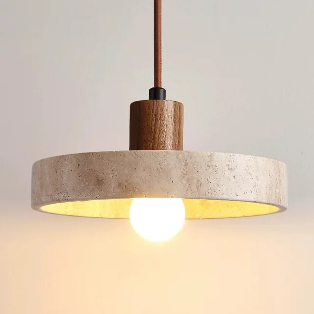 YANKE Pendelleuchte aus Travertin Stein in Gelb und Beige im Wabi Sabi UFO-Design mit warmweißem LED-Licht für Esszimmer und Schlafzimmer - Bild 1