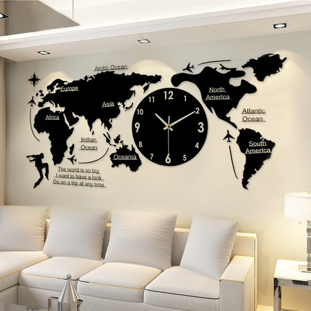 Oeny 3D-Wanduhr Weltkarte in Schwarz mit modernem Design und lautlosem Analog-Uhrwerk - Bild 1
