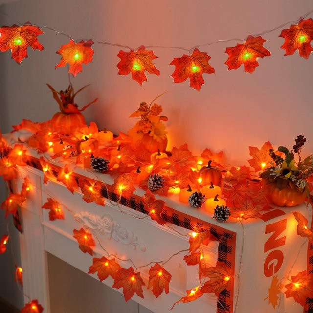 Peach Forest Ahornblatt Lichterkette mit warmweißem LED-Licht in Orange für Halloween und Herbstdekoration, batteriebetrieben und wasserdicht - Bild 1