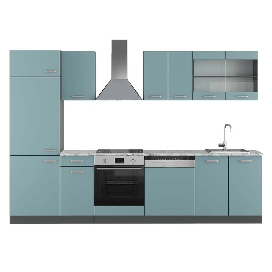 Vicco R-Line Küchenzeile modern in Blau-Grau und Anthrazit mit Marmor-Optik, B/T/H: 300 x 60 x 207 cm - Bild 2