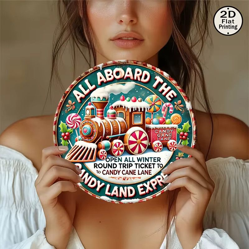Potdemiel Vintage Metall-Wandblechschild Candy Land Express Winter Joy Journey, rund, multicolor, Durchmesser: 20,32 cm - Bild 3