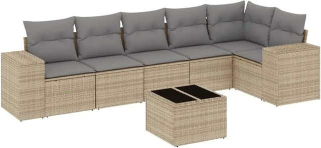 vidaXL 7-teilige Garten-Sofagarnitur in L-Form aus Poly-Rattan mit Kissen in Beige und Grau - Bild 1