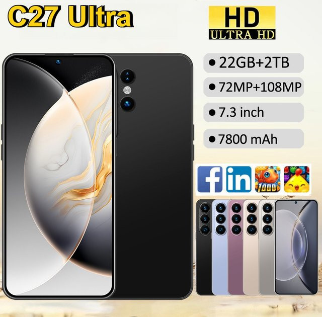 C27 Ultra 5G Smartphone mit Android, 7,3 Zoll Display, 22GB RAM, 2TB Speicher, Gesichtserkennung und Dual-SIM, Farbe: Gold, Generalüberholt - Bild 1