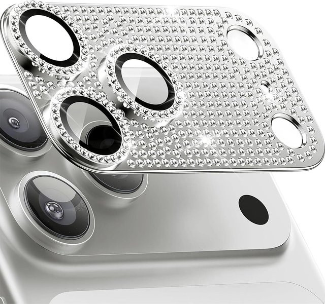 NYFundas Glitzer-Diamant Kameraobjektivschutz für iPhone 11 bis 17 Pro Max in Silber und Lila - Bild 1