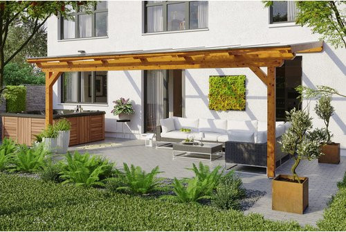 Skan Holz Terrassenüberdachung Ancona aus Eiche Leimholz, Farbe: Eiche hell, Breite: 648 cm, Tiefe: 250 cm, Dach: Polycarbonat - Bild 1