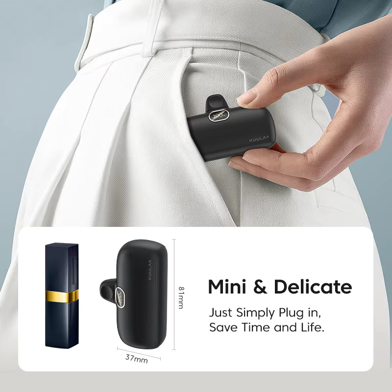 Kuulaa Mini Powerbank 5000mAh mit QC PD Schnellladung für iPhone 15 14 13 und Xiaomi Mi, Tragbares Ladegerät mit USB-C, Farben: Schwarz oder Lila - Bild 4